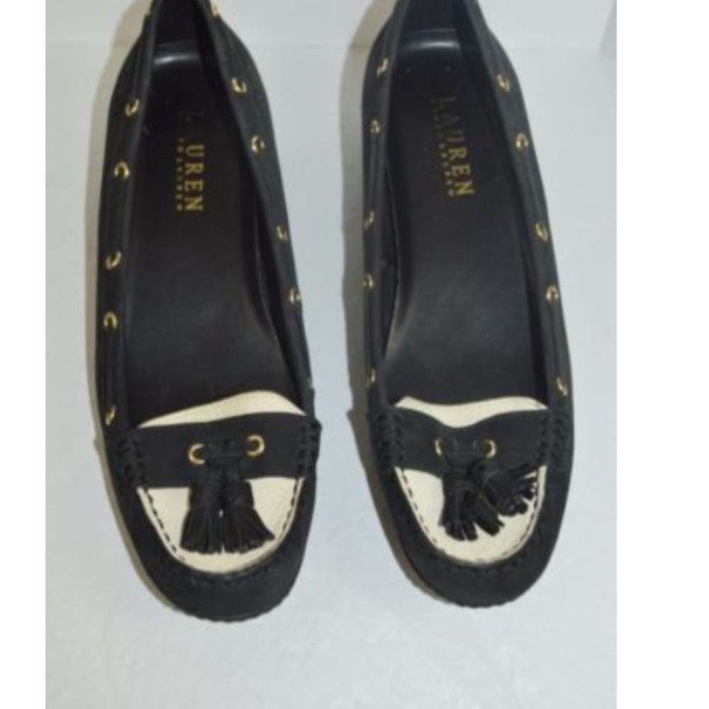 Ralph Lauren Black Beige Wedge Loafers Shoes 7.5B